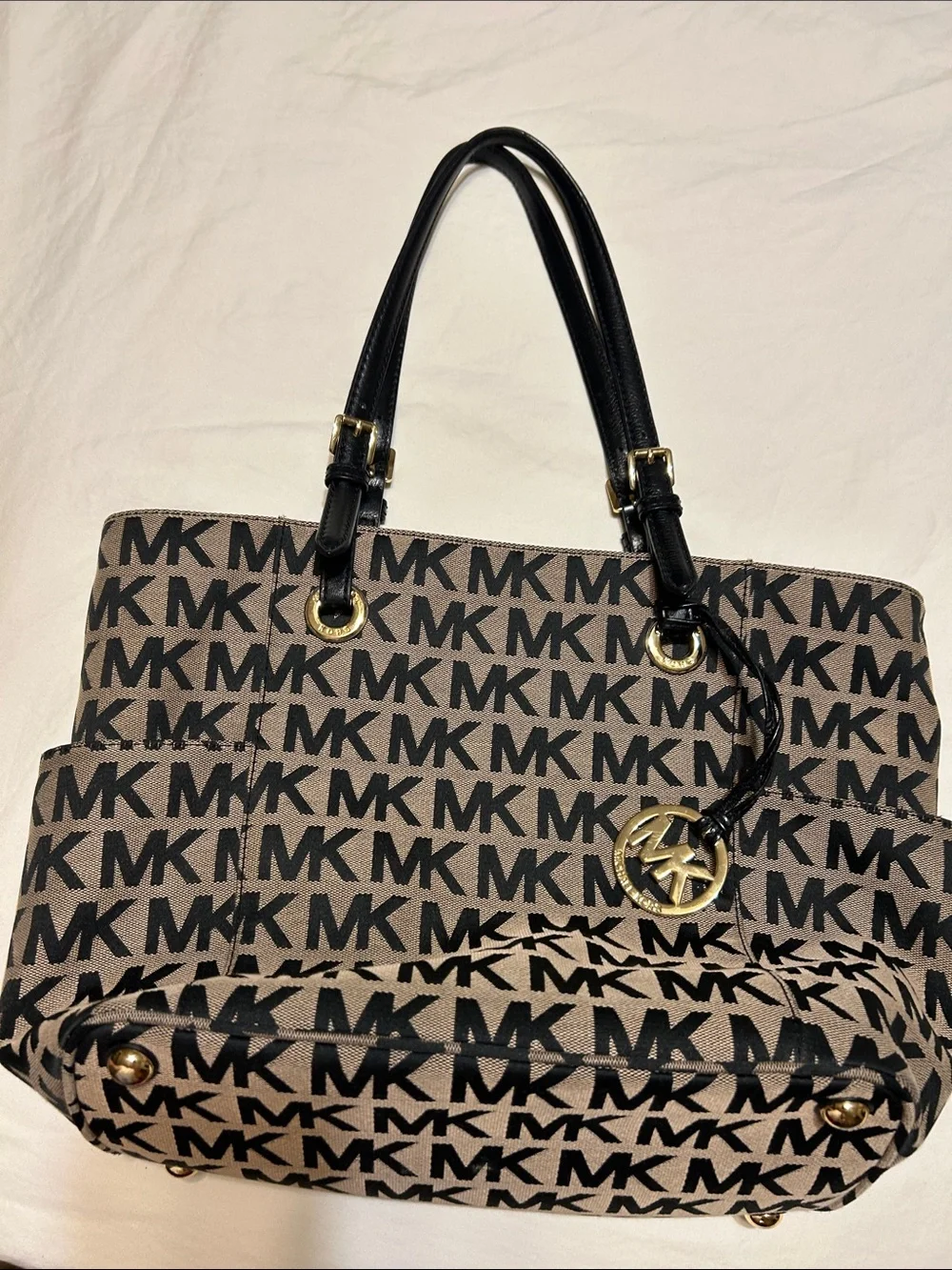 Michael Kors Black and Tan MK Logo Tote with Gold Hardware